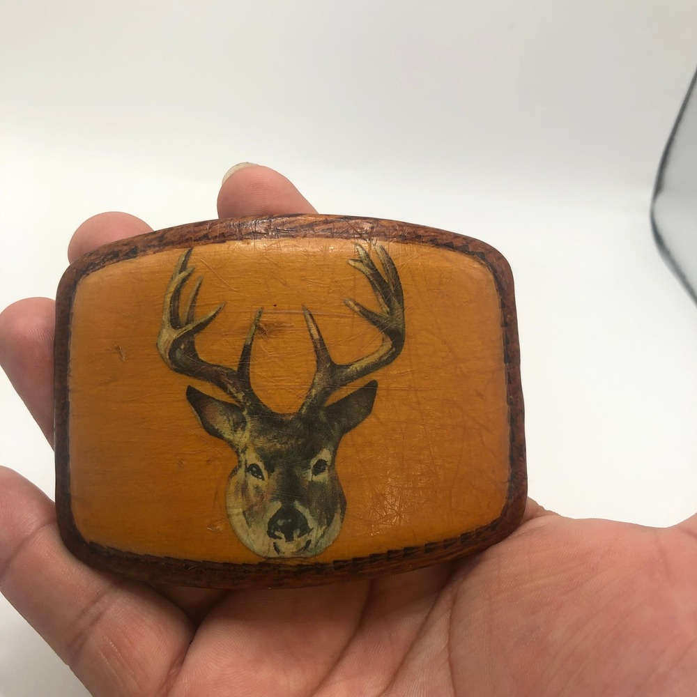 Vintage Wood Belt Buckle Buck Deer Head Hunting Outdoorsman Brown Rustic